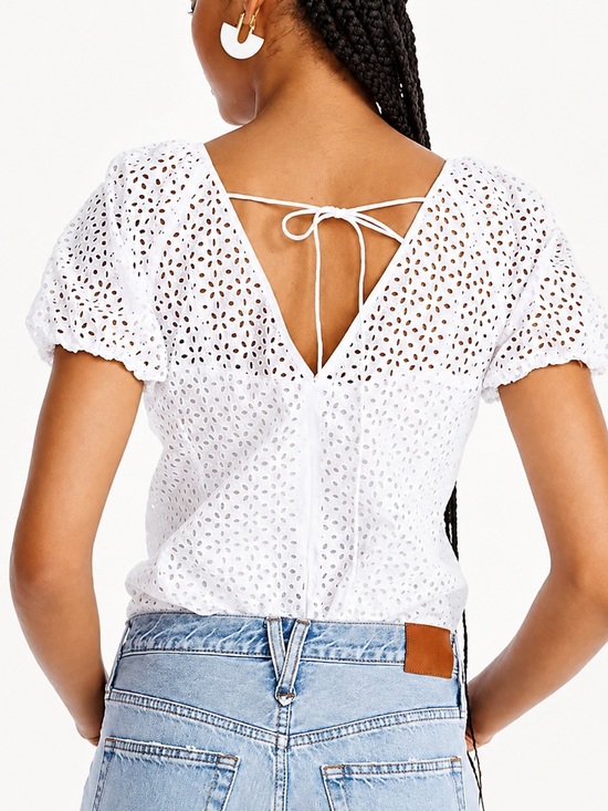 J. Crew Tops - J.Crew Eyelet Tie-Back Puff Sleeve Cotton Top Cottagecore Summer Blouse Size 0